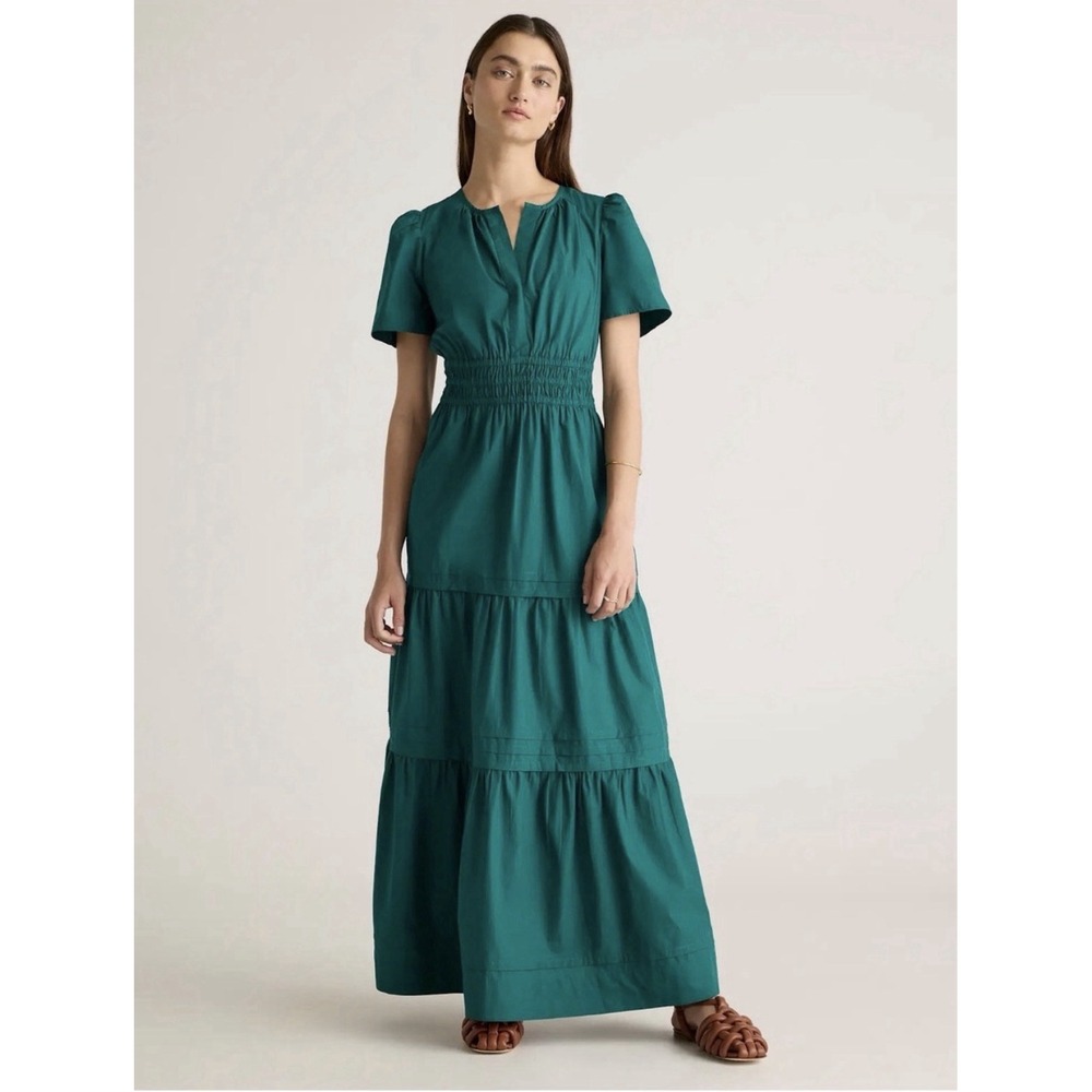 Quince Green Organic Cotton Poplin V-Neck Puff Sleeve Smocked Maxi Dress S